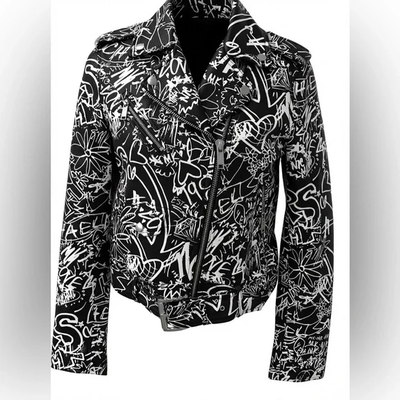 Michael Kors Graffiti Leather Black and White  Leather Moto Jacket SZ Small - Picture 10 of 10